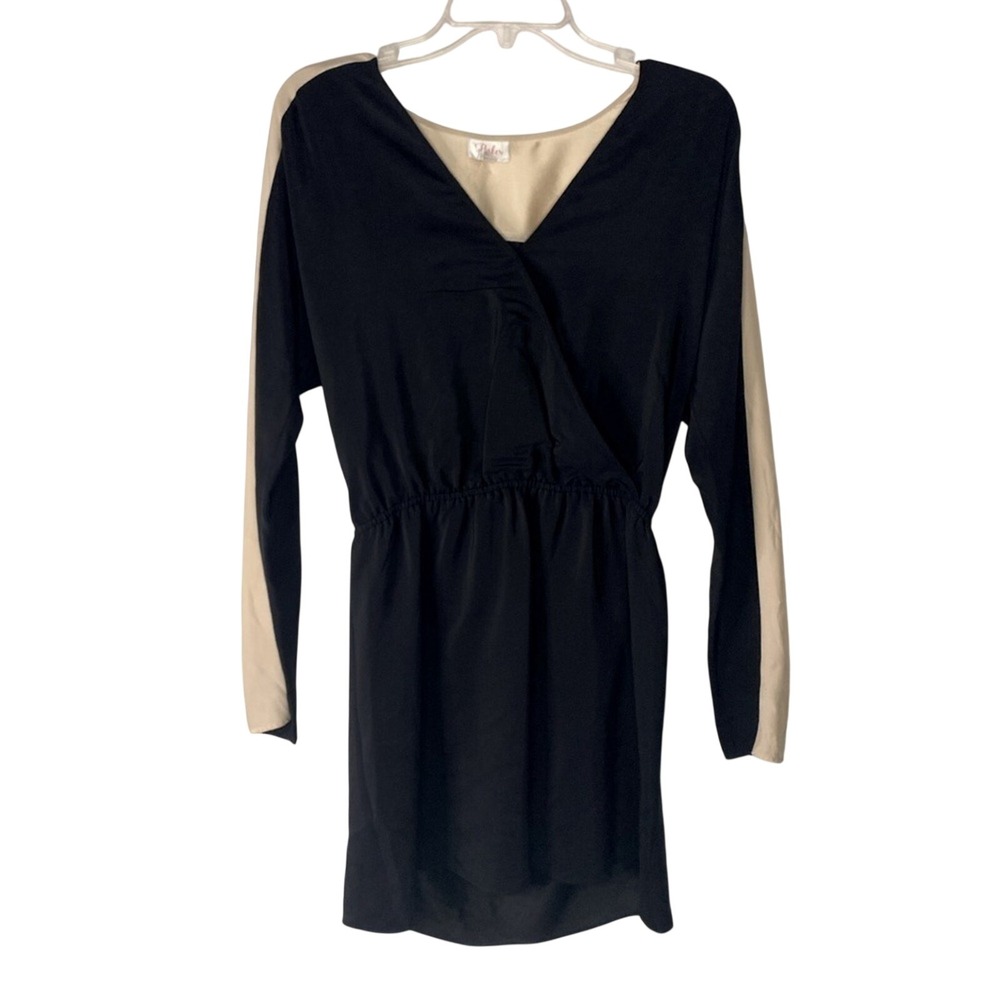 Parker Women's Black and Cream Silk V Neck Mini Dress Size Medium Classic Party